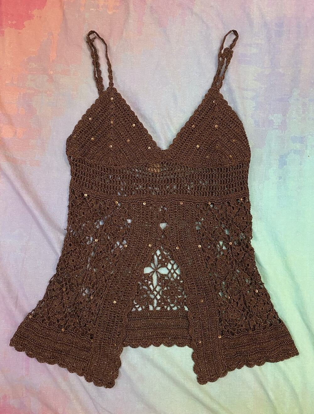 Vintage Y2K Crochet Flyaway Top Open Front Babydoll Top Coquette Fairy Boho Sz S